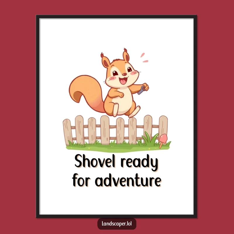 Free Printable Wall Art: Funny Leaping Squirrel with Shovel - Hilarious Downloadable Garden Decor