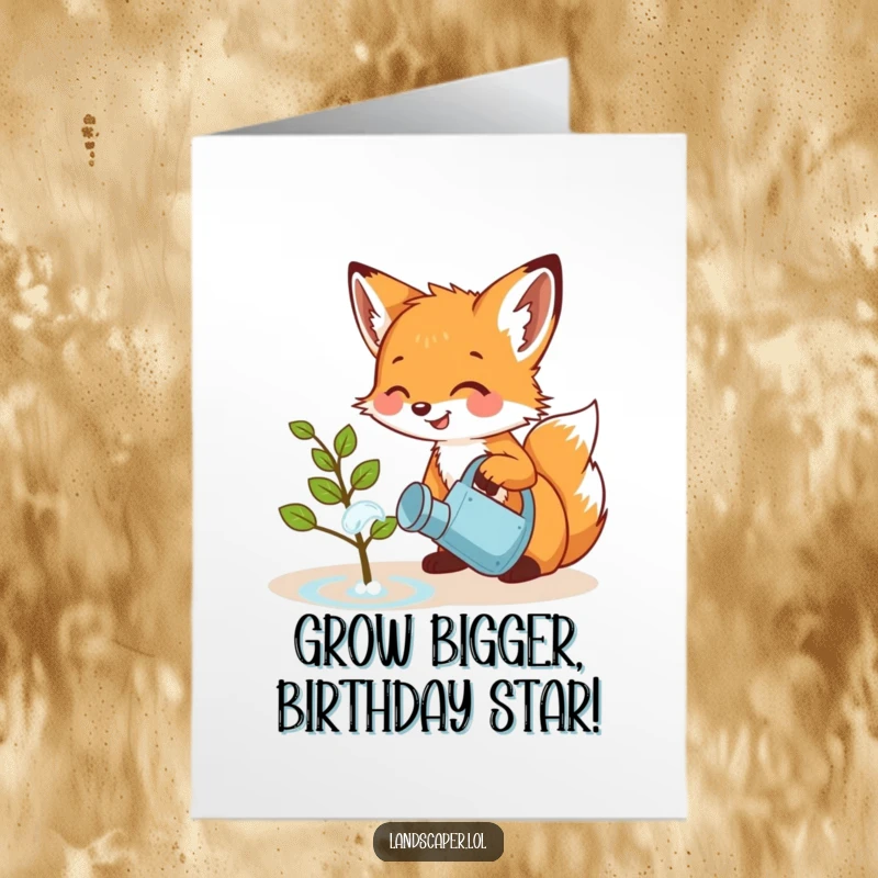 Funny Free Printable Birthday Card: A playful fox cub giggling while watering a small, happy sapling with a tiny watering can.