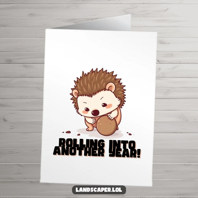 Funny Free Printable Birthday Card: Determined hedgehog rolling a dirt ball, perfect for a giggle