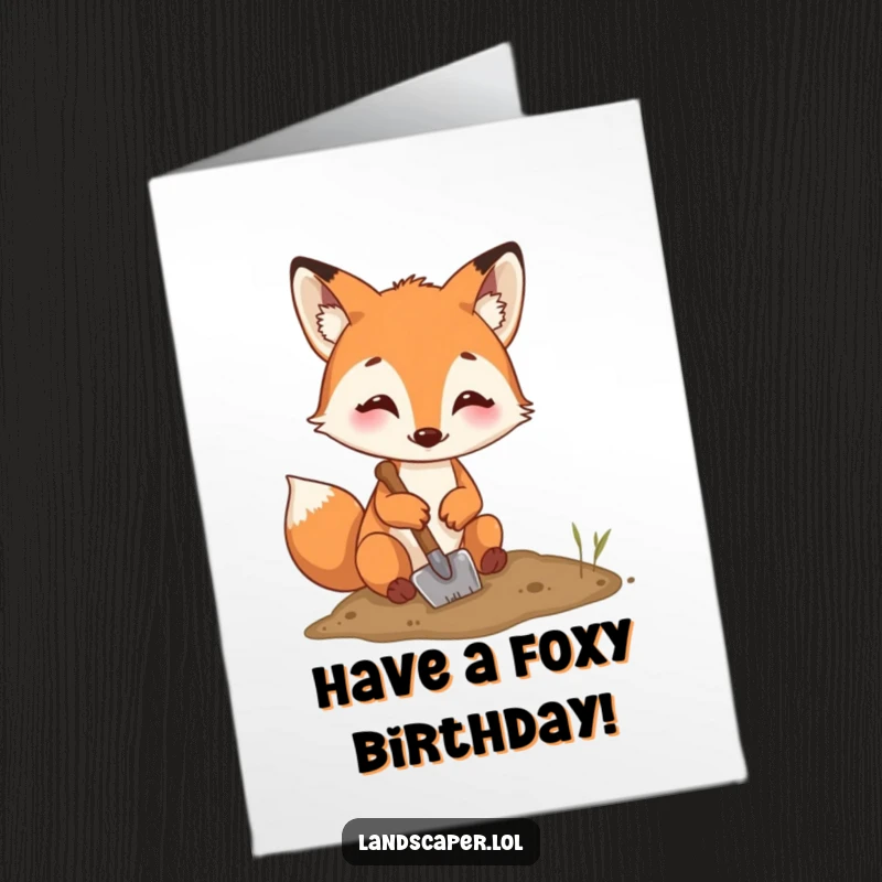 Funny Free Printable Birthday Card: A happy fox diligently digging a hole with a small shovel, focused and cheerful.