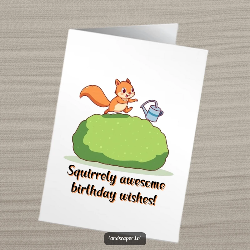 Funny Free Printable Birthday Card: Squirrel with watering can leaps over hedge, delivering birthday cheer at home.