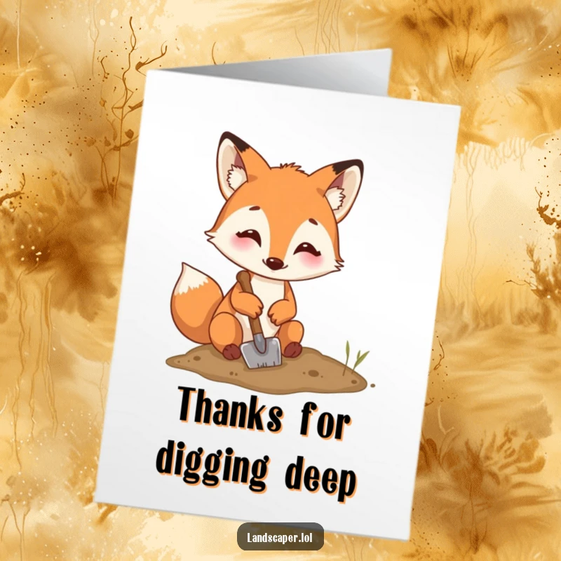 Funny Free Printable Thank You Card: A happy fox digging intently with a shovel, sending thanks your way.