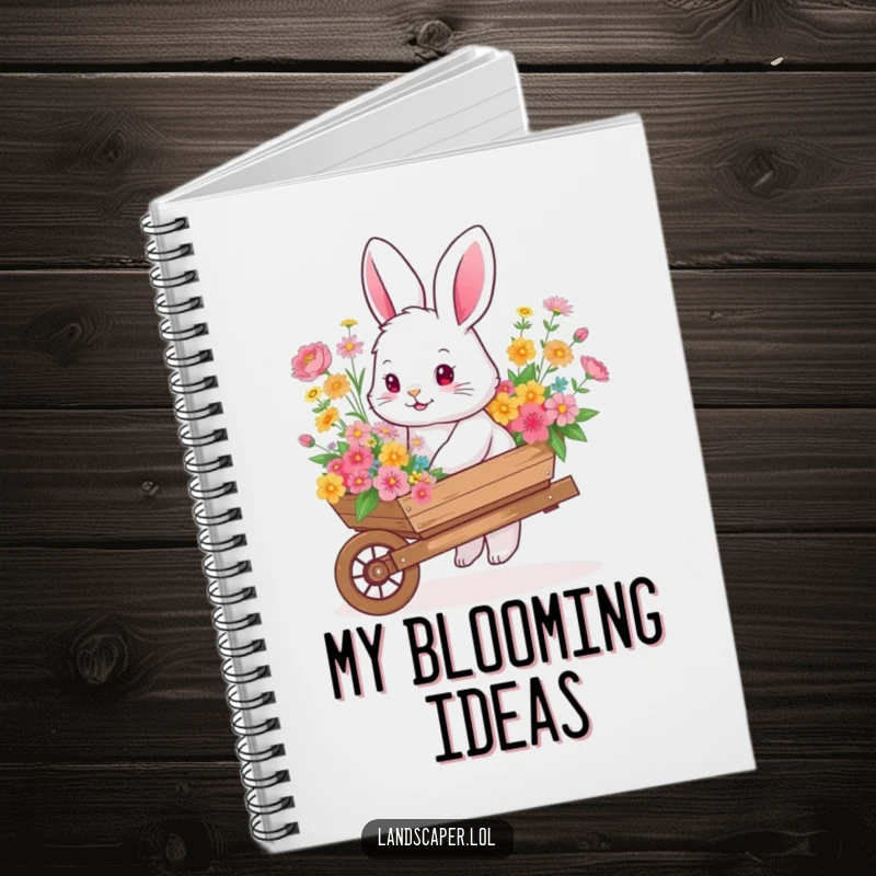 Fluffy bunny pushing a wheelbarrow brimming with colorful flowers, inspiring gardening and whimsical thoughts in this notebook.