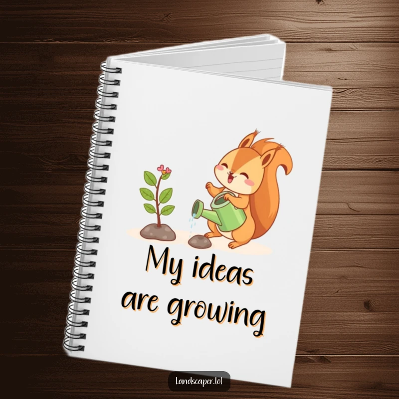 Funny notebook with a happy squirrel watering a tiny sapling, perfect for capturing plans with nurturing humor.