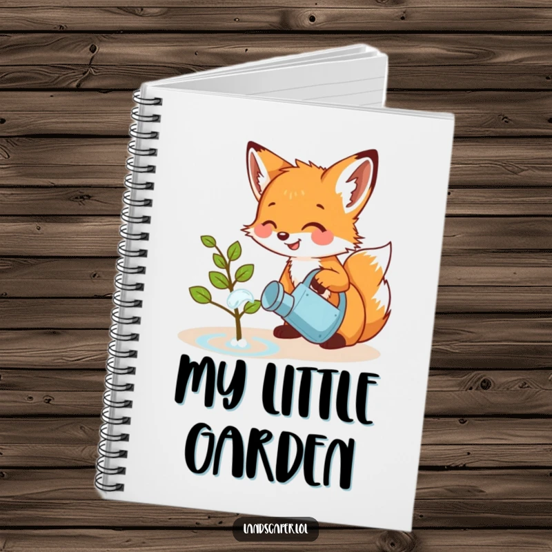 Funny notebook with a playful fox cub giggling while watering a small sapling with a miniature watering can. Ideal for notes and plans.