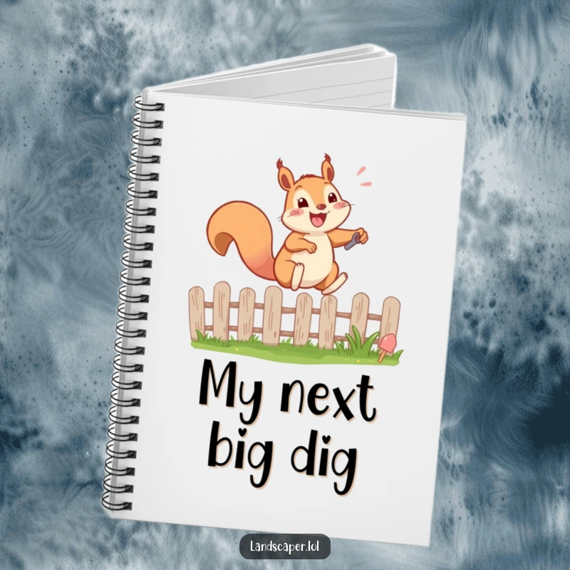 Funny notebook with a happy squirrel energetically leaping over a garden fence with a tiny shovel. Ideal for notes and garden plans.