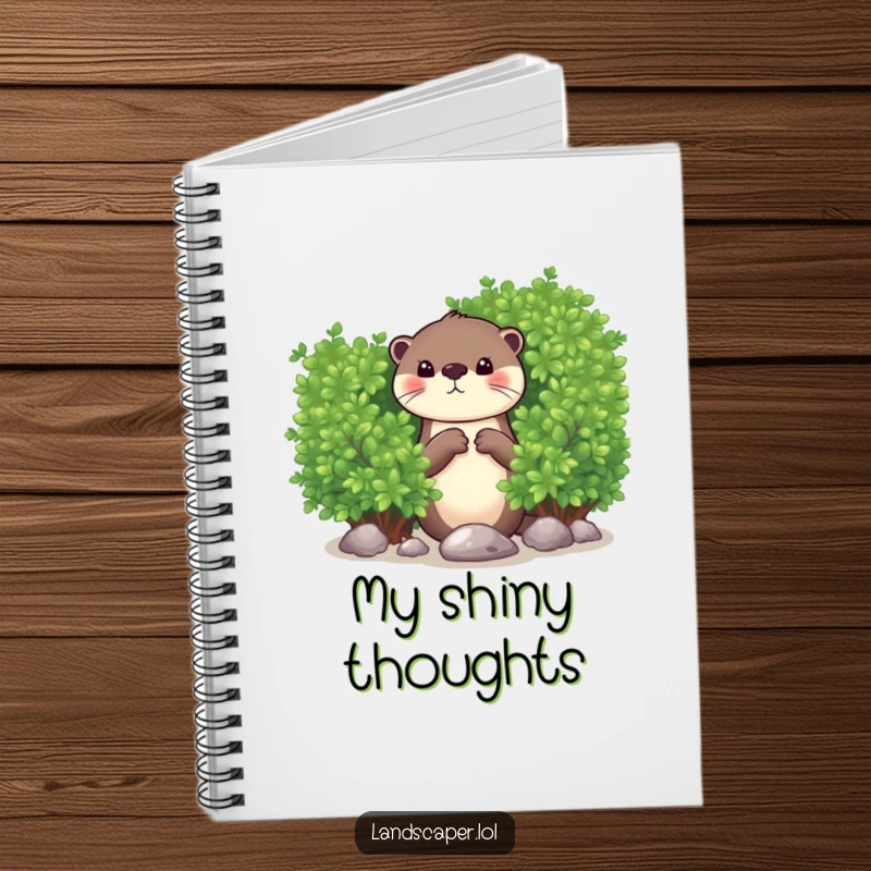 Funny notebook with a curious otter peeking from behind a bush, dropping a shiny pebble. Ideal for notes and creative endeavors.