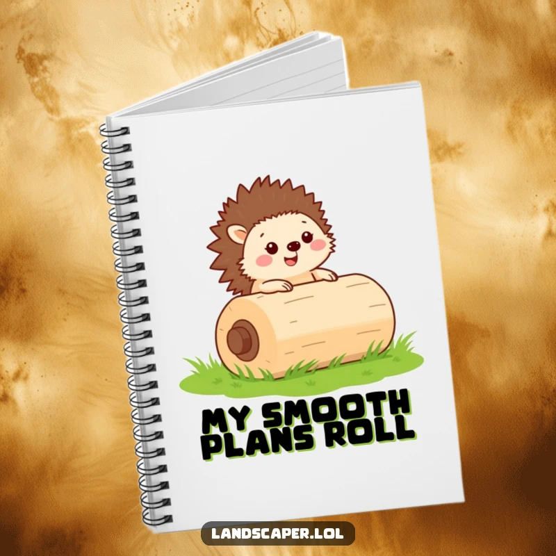 Funny notebook with a happy hedgehog rolling a lawn roller, perfect for capturing notes with diligent charm.