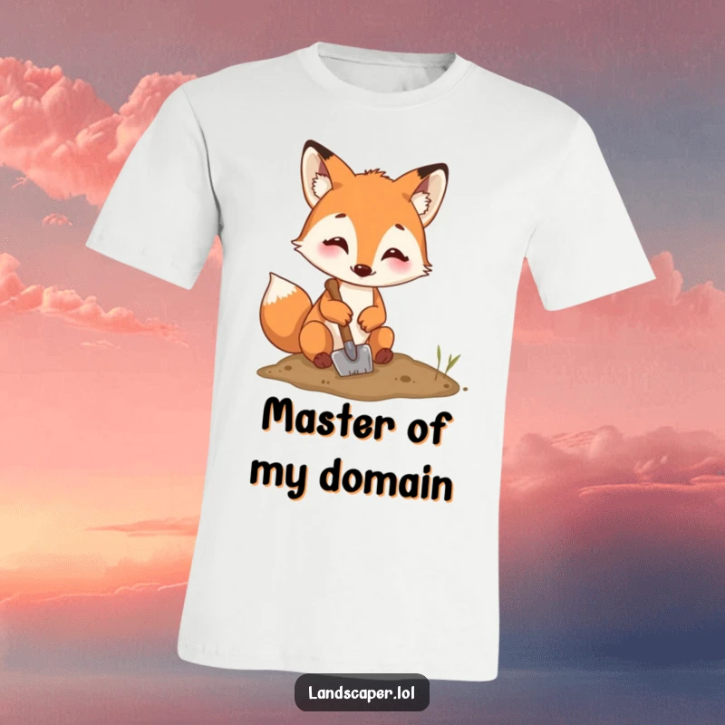 Funny fox t-shirt, digging with a tiny shovel and a focused expression, radiating industrious charm and lighthearted fun.