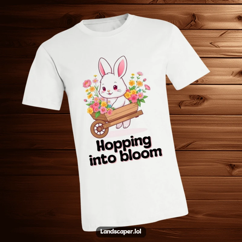 Fluffy bunny pushing a wheelbarrow loaded with colorful flowers, showcasing a cheerful and whimsical garden theme.