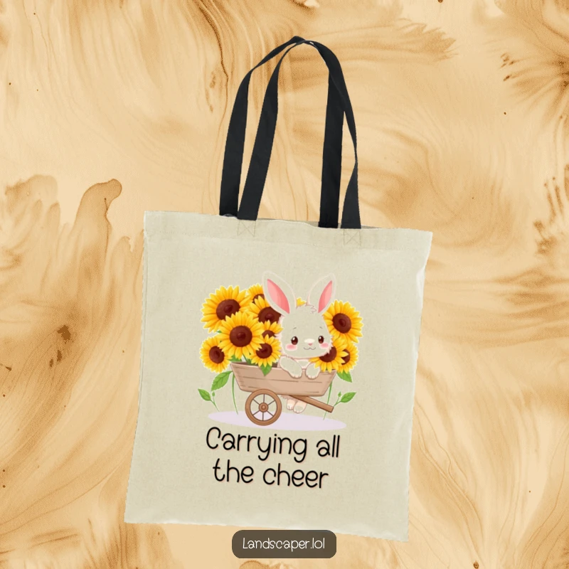 Funny tote bag with a happy bunny pushing a wheelbarrow packed with vibrant sunflowers, perfect for garden errands.