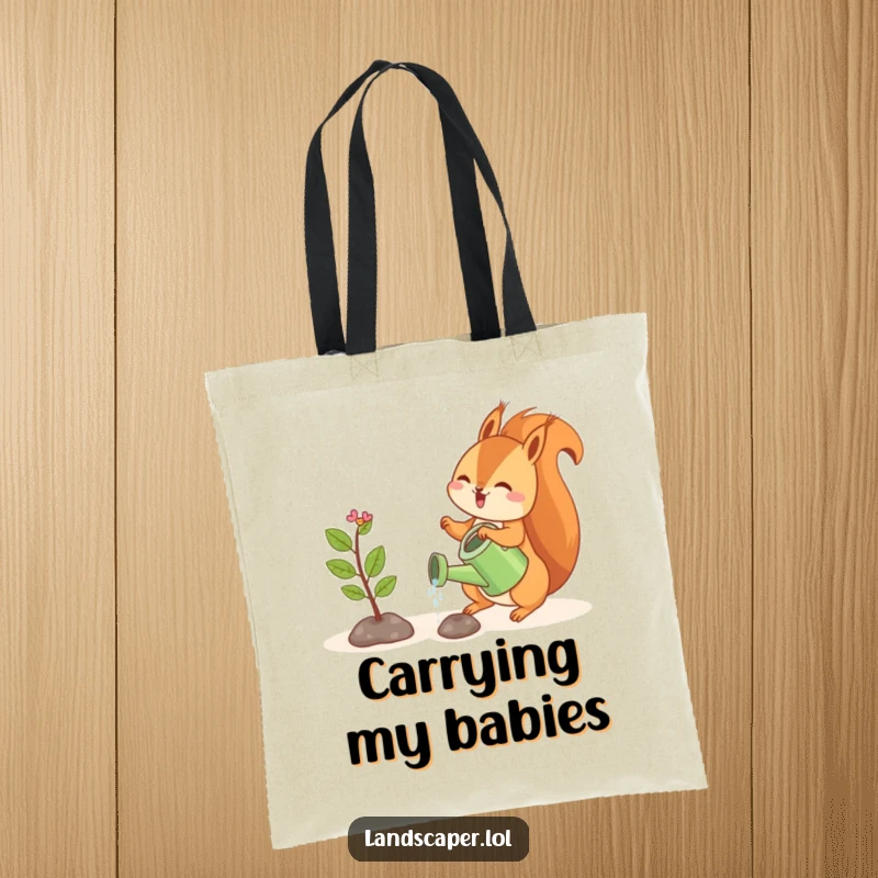 Funny tote bag with a playful squirrel watering a tiny sapling, perfect for carrying essentials with nurturing humor.