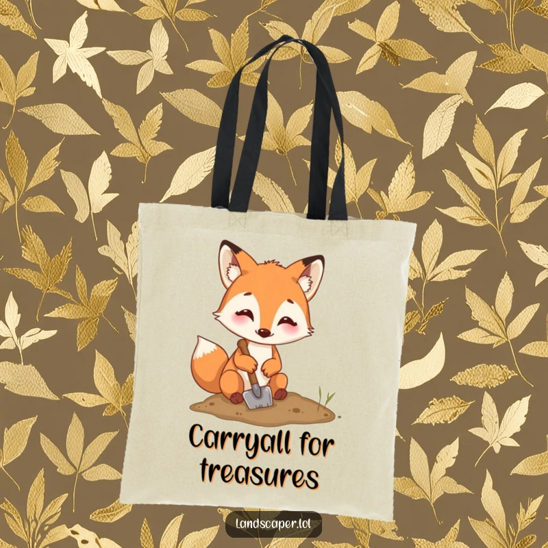 Funny fox digging tote bag, a cheerful fox with a shovel excavating a small hole, a humorous and functional accessory.