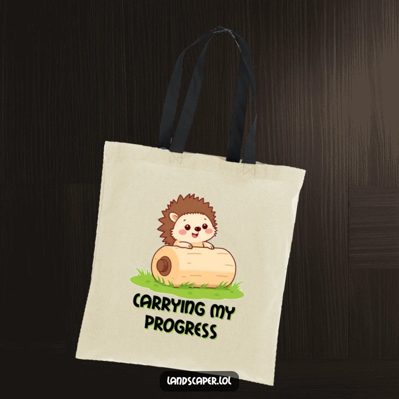 Funny tote bag with a determined hedgehog rolling a large lawn roller, practical for carrying items with charming humor.