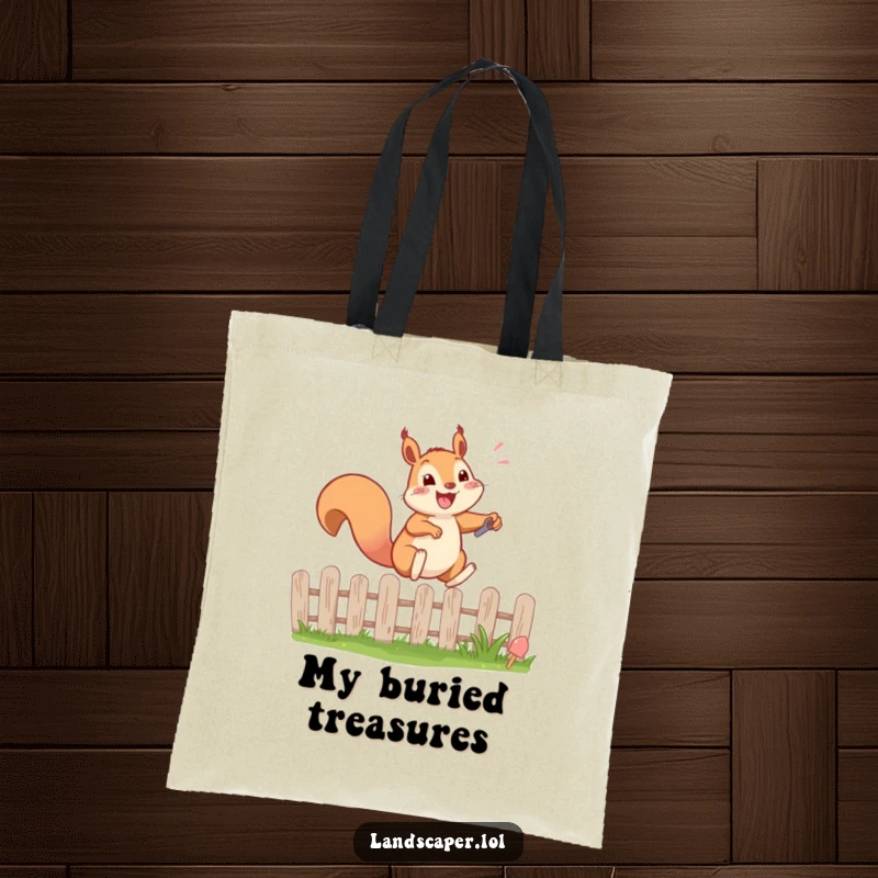Funny tote bag showing a happy squirrel energetically leaping over a garden fence with a tiny shovel. Practical and humorous.